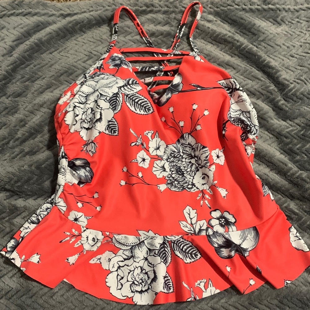 Coral with black and white flowers peplum tankini with cross back neck detail